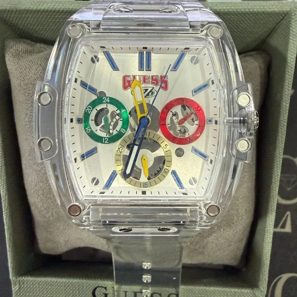 NIB Guess Phoenix J Balvin White Dial Transparent Silicone Strap Watch